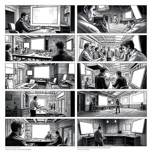 A detailed storyboard showing camera angles and scene descriptions