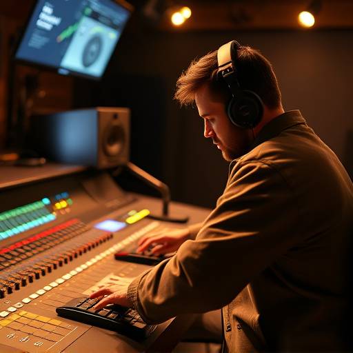 Audio engineer working on sound design in a mixing console