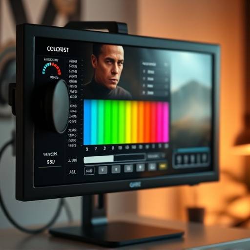 Colorist adjusting color settings on a video monitor