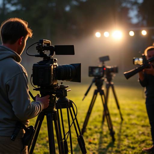 Film crew setting up equipment for an outdoor scene