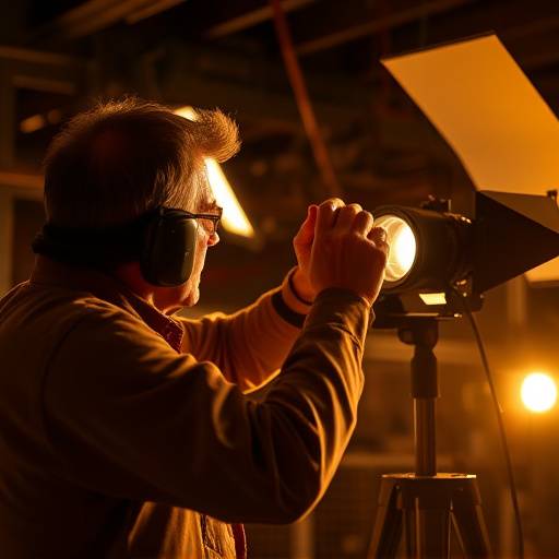 Lighting technician adjusting stage lighting during a film shoot