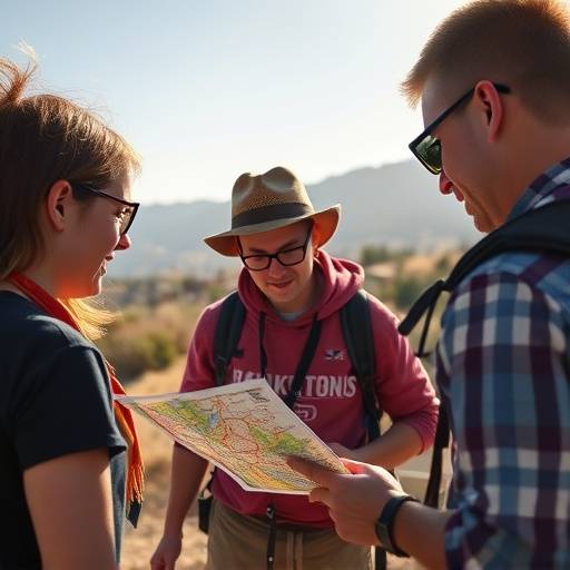 Location scouting team reviewing potential filming locations on a map