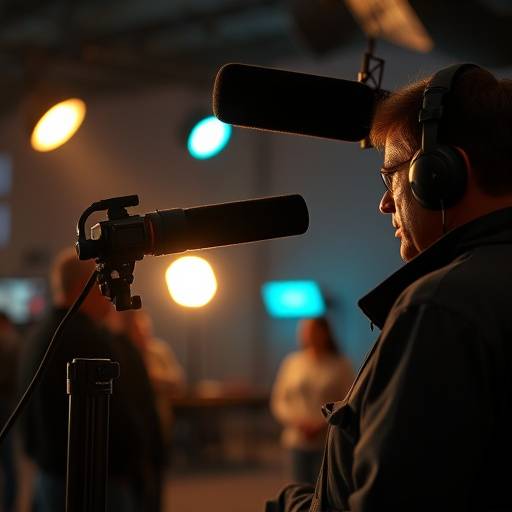 Sound engineer recording dialogue on set with a boom microphone